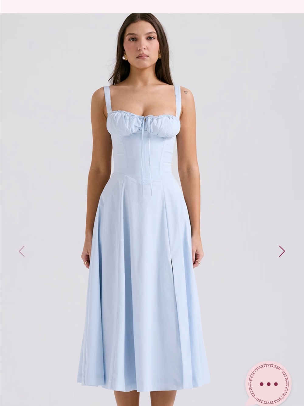 House of CB “Carmen” Light Blue Midi Dress with Corset Bodice and Slim Straps